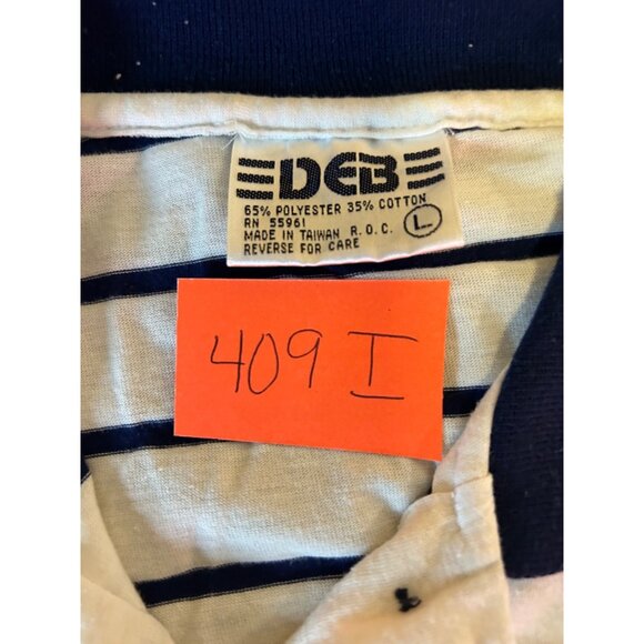 Vintage DEB Navy White Striped Crop Polo Embroidered Crest Short Sleeve Top Sz L - Picture 9 of 9